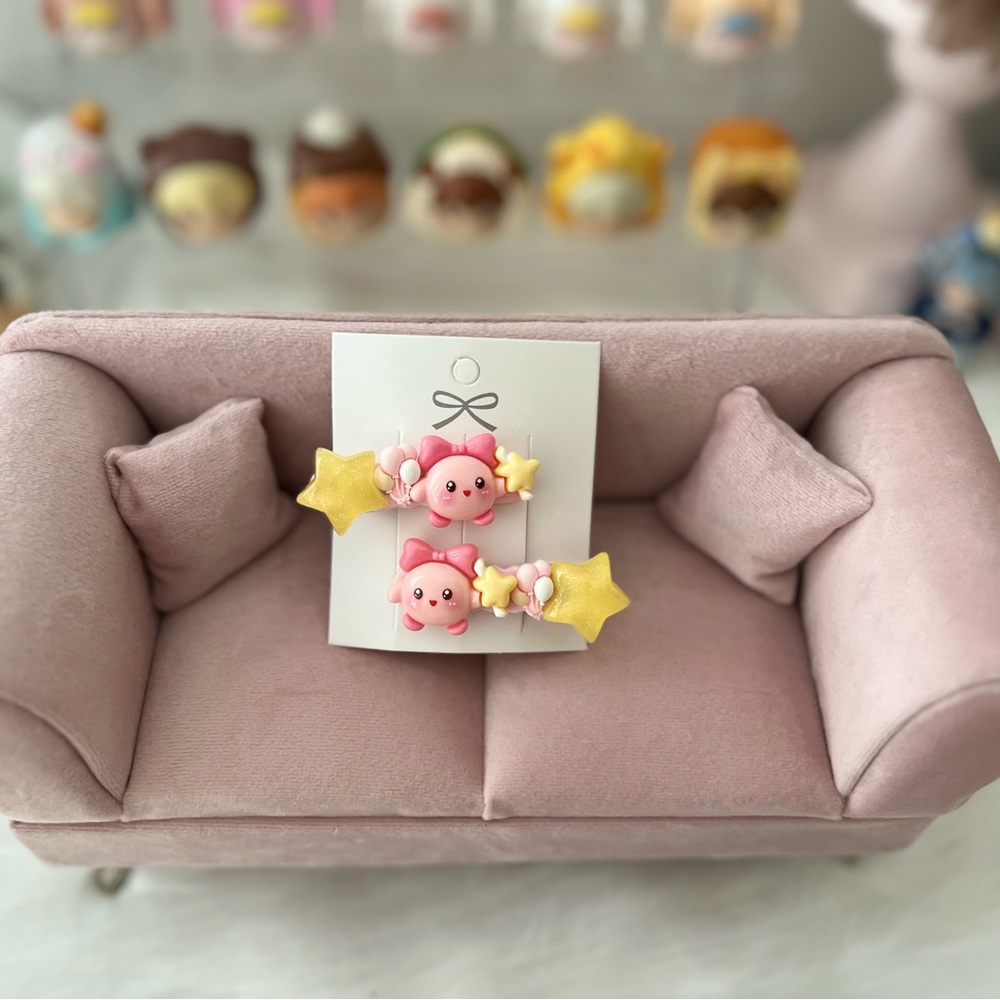 *SOLD* Handmade Kirby Pink and Yellow Star Hair Clips for girls